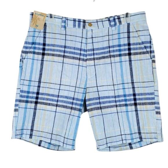 Caribbean Bermuda Shorts Mens 38x9 Corydals Blue White Plaid Linen Blend NWT - Picture 1 of 10